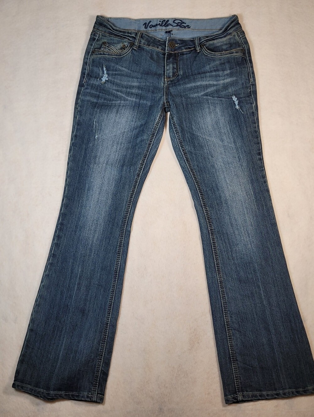 Vanilla Star Womens Bootcut Flare Medium Wash Distressed Jeans Sz 13